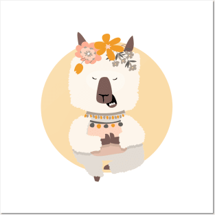 Cute Llama with Flower Crown Doing Yoga Pose Tree Pose Posters and Art